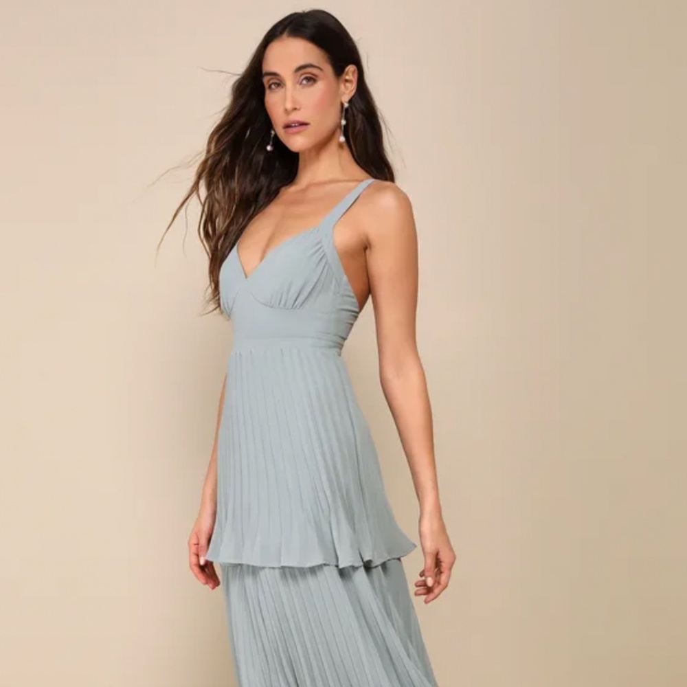 Lulus Luxe Perfection Sage Green Pleated Tiered Backless Maxi Dress